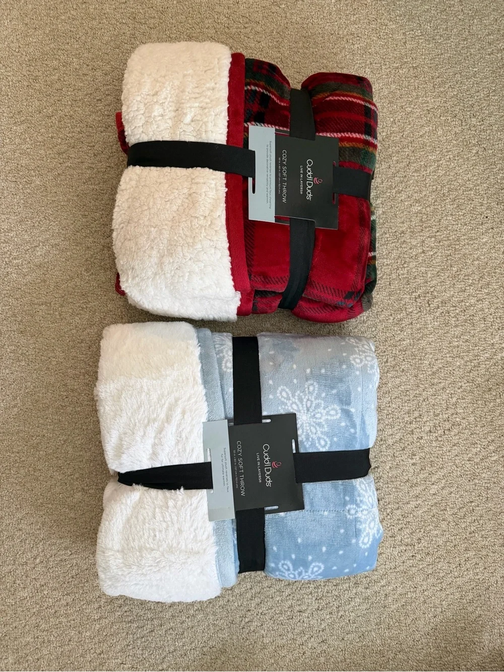 Cuddl Duds Red Plaid and Light Blue Snowflake Sherpa Throw Blankets